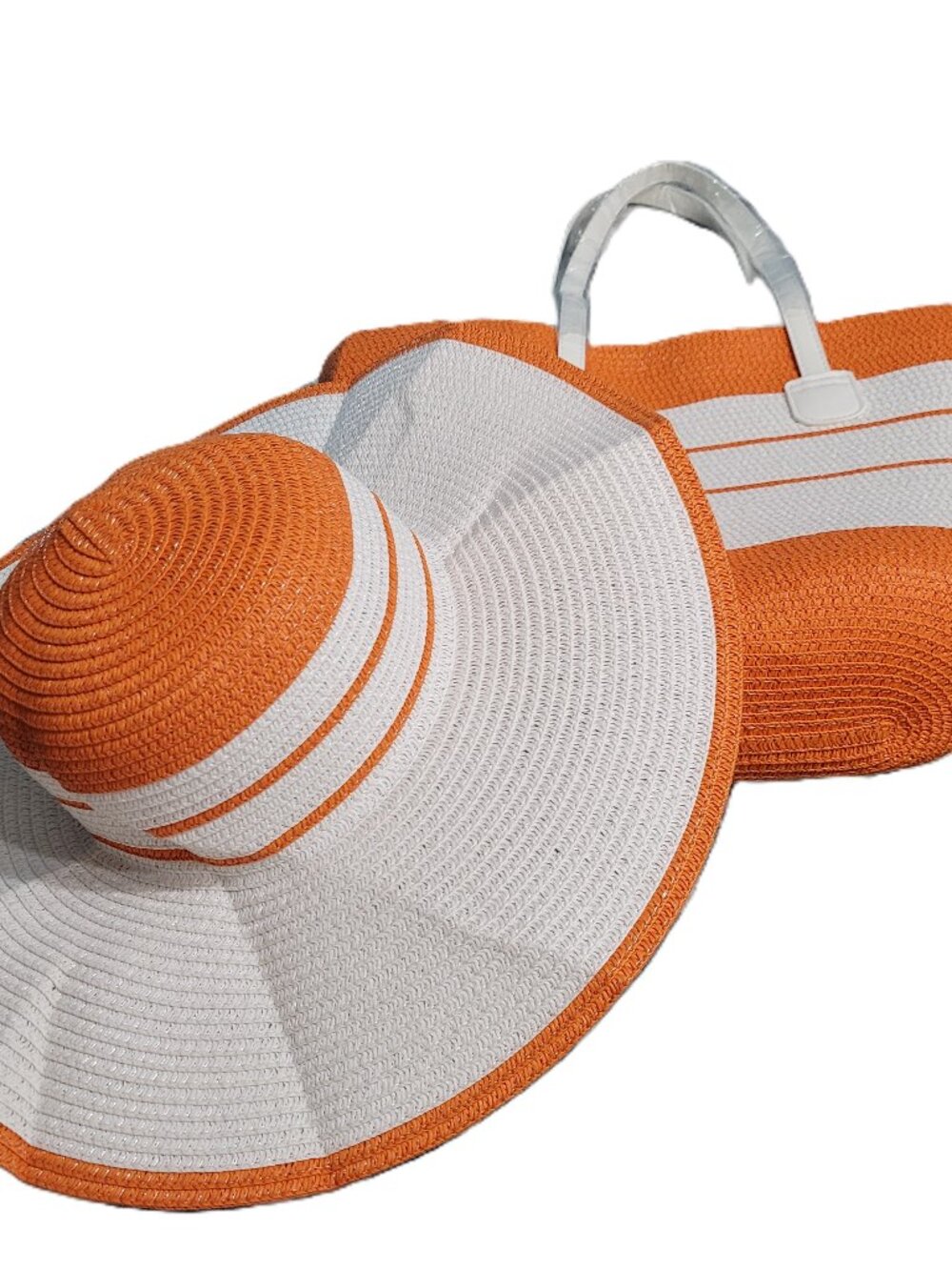 P3037-NWOT Woven Orange Sherbert & White Adjustable Hat and Matching Lined Bag